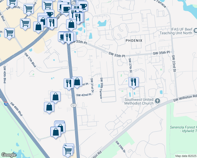 map of restaurants, bars, coffee shops, grocery stores, and more near 3061 Southwest 41st Lane in Gainesville