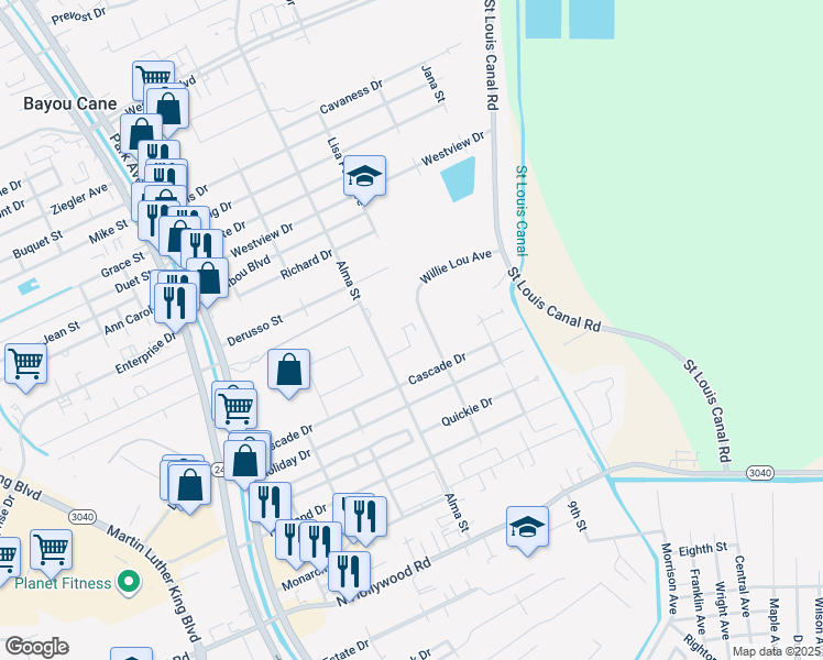 map of restaurants, bars, coffee shops, grocery stores, and more near 435 Vieux Carre in Houma