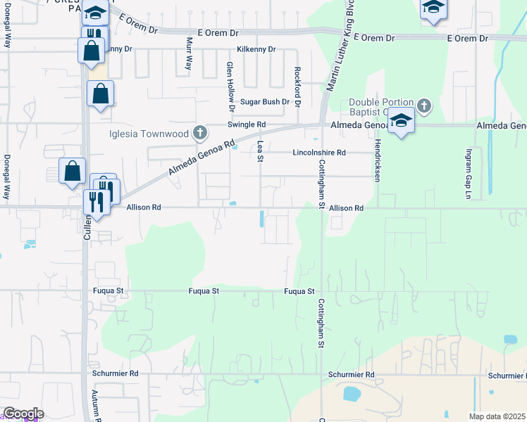 map of restaurants, bars, coffee shops, grocery stores, and more near 4610 Allison Road in Houston