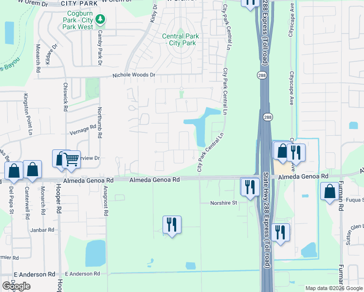 map of restaurants, bars, coffee shops, grocery stores, and more near 12603 City Village Lane in Houston