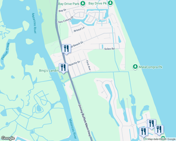 map of restaurants, bars, coffee shops, grocery stores, and more near 31 Mala Compra Road in Palm Coast