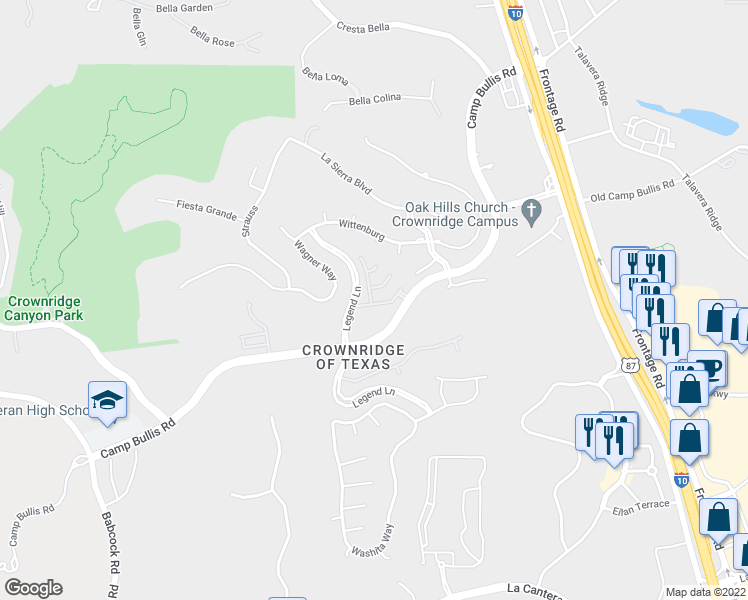 map of restaurants, bars, coffee shops, grocery stores, and more near 6643 Morning Shadow Ln in San Antonio