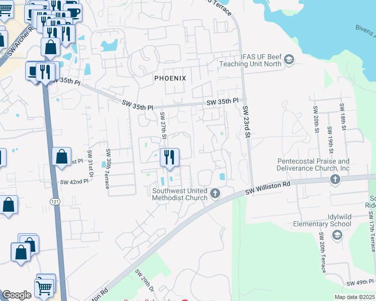 map of restaurants, bars, coffee shops, grocery stores, and more near 3705 Southwest 27th Street in Gainesville