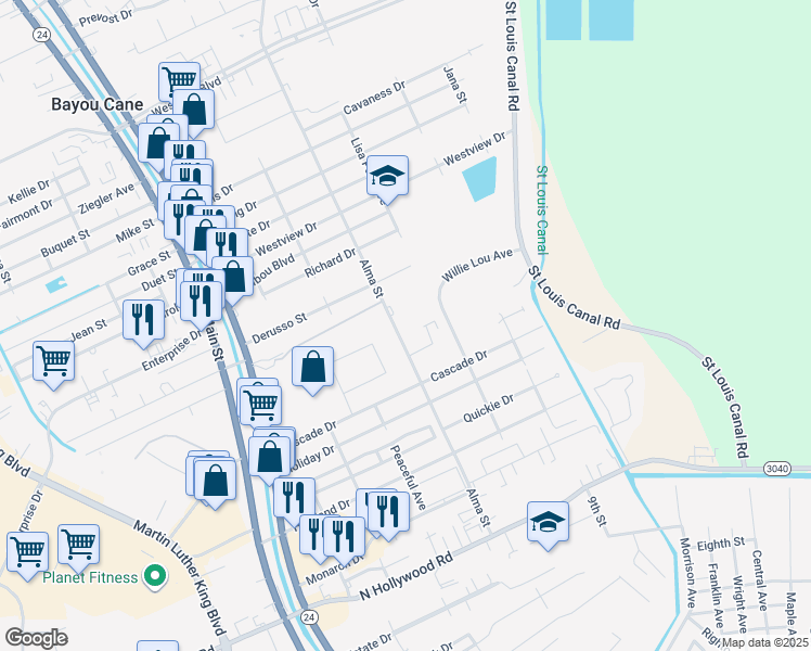 map of restaurants, bars, coffee shops, grocery stores, and more near 6760 Alma Street in Houma