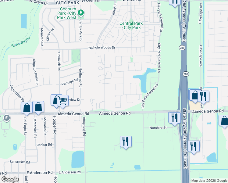 map of restaurants, bars, coffee shops, grocery stores, and more near 1650 City Bosque Trail in Houston