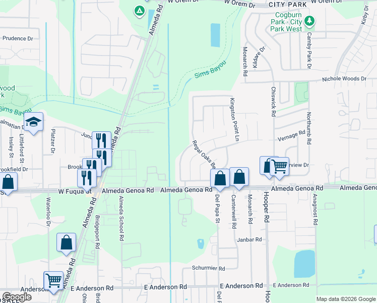 map of restaurants, bars, coffee shops, grocery stores, and more near 13207 Ridgewood Knoll Lane in Houston