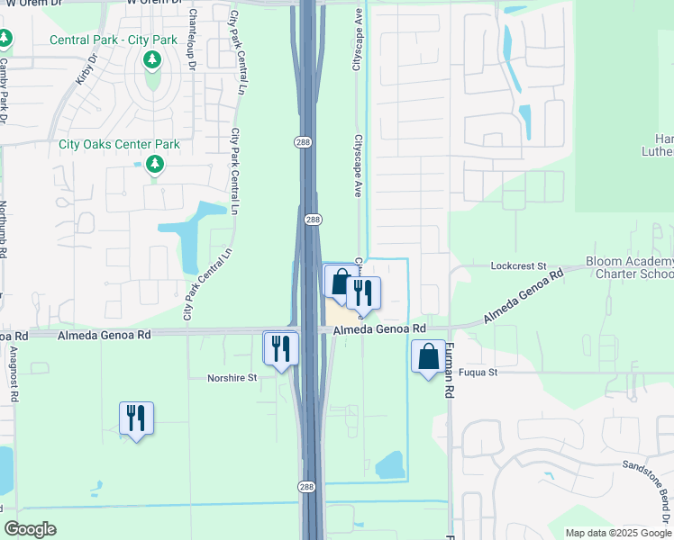 map of restaurants, bars, coffee shops, grocery stores, and more near 13150 Cityscape Avenue in Houston