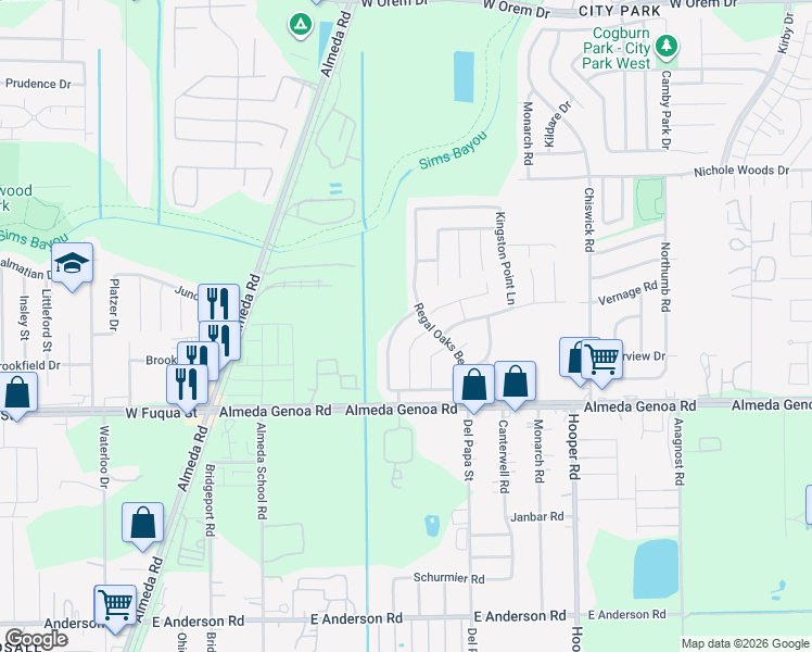 map of restaurants, bars, coffee shops, grocery stores, and more near 13207 Ridgewood Knoll Lane in Houston