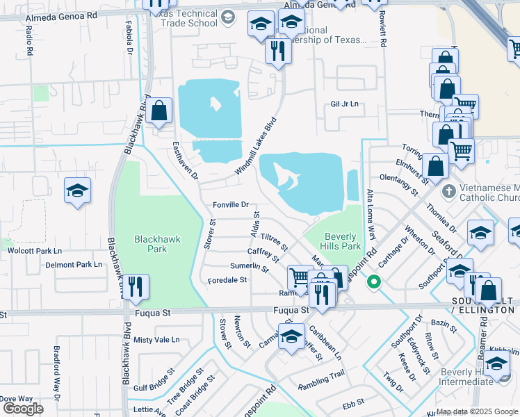 map of restaurants, bars, coffee shops, grocery stores, and more near 9821 Mango Street in Houston