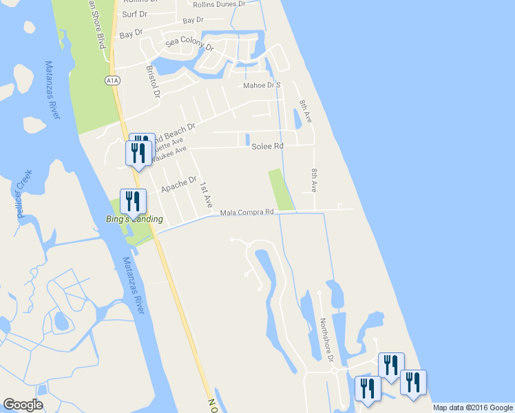 map of restaurants, bars, coffee shops, grocery stores, and more near 63 Mala Compra Road in Palm Coast
