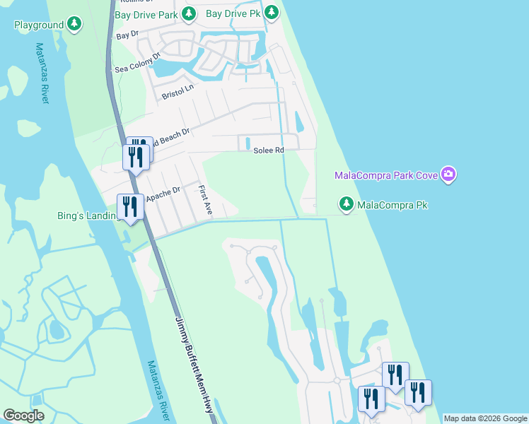 map of restaurants, bars, coffee shops, grocery stores, and more near 63 Mala Compra Road in Palm Coast