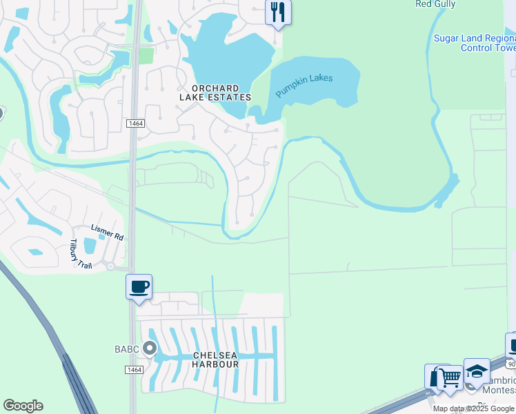 map of restaurants, bars, coffee shops, grocery stores, and more near 13619 Laurel Terrace Lane in Sugar Land
