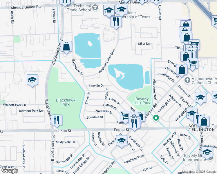 map of restaurants, bars, coffee shops, grocery stores, and more near 9821 Mango Street in Houston