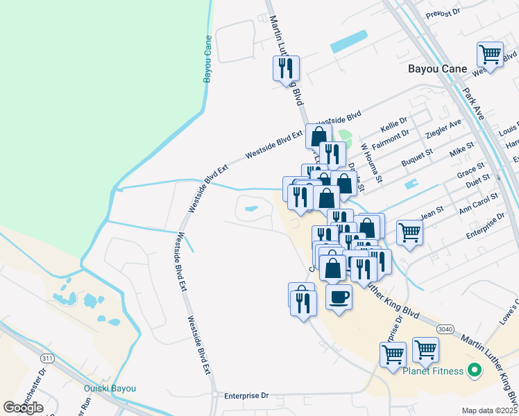 map of restaurants, bars, coffee shops, grocery stores, and more near 100 Ansley Place Court in Houma