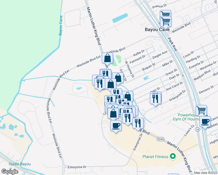 map of restaurants, bars, coffee shops, grocery stores, and more near 1779 Martin Luther King Boulevard in Houma