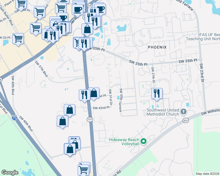 map of restaurants, bars, coffee shops, grocery stores, and more near Southwest 31st Drive in Gainesville