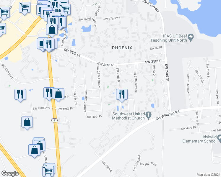 map of restaurants, bars, coffee shops, grocery stores, and more near in Gainesville