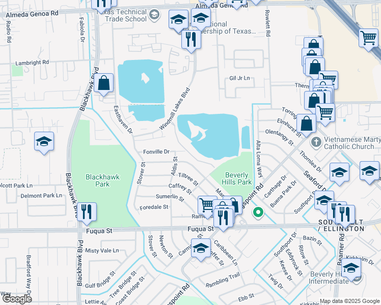 map of restaurants, bars, coffee shops, grocery stores, and more near 9821 Mango Street in Houston
