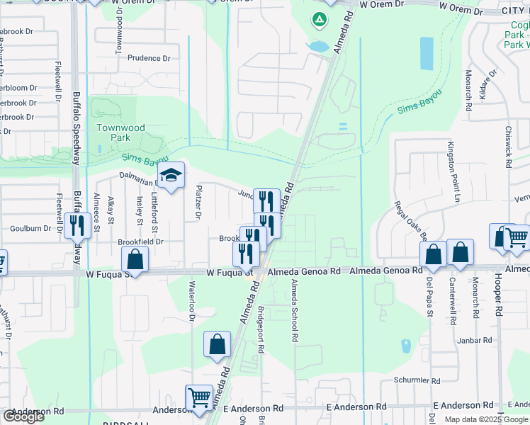 map of restaurants, bars, coffee shops, grocery stores, and more near 13280 Almeda Road in Houston