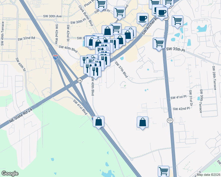 map of restaurants, bars, coffee shops, grocery stores, and more near 4021 Southwest 37 Street in Gainesville