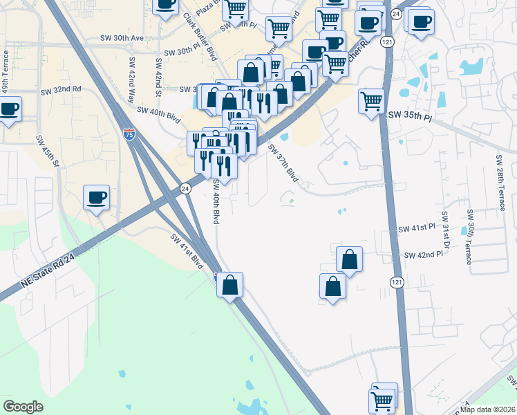 map of restaurants, bars, coffee shops, grocery stores, and more near 4021 Southwest 37 Street in Gainesville