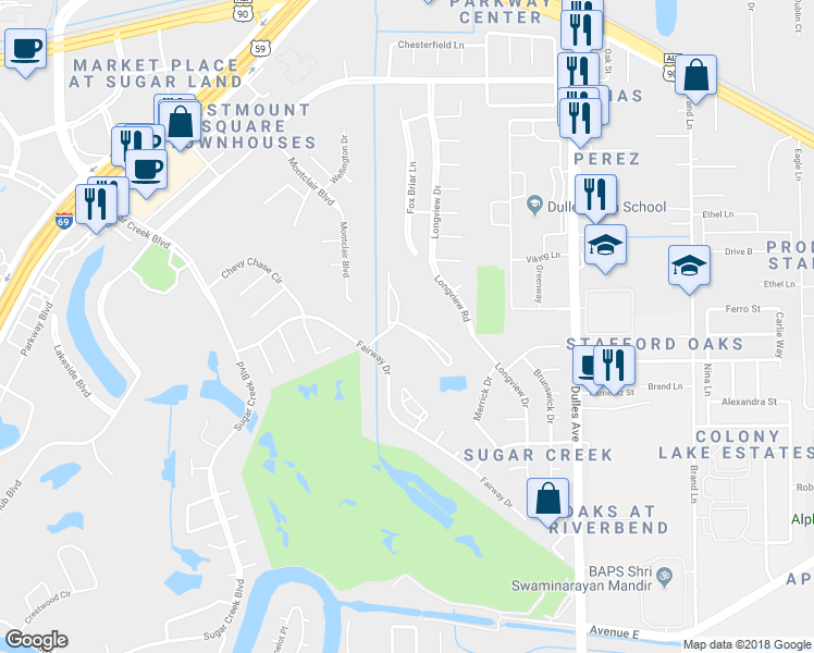 map of restaurants, bars, coffee shops, grocery stores, and more near 29 Bendwood Drive in Sugar Land