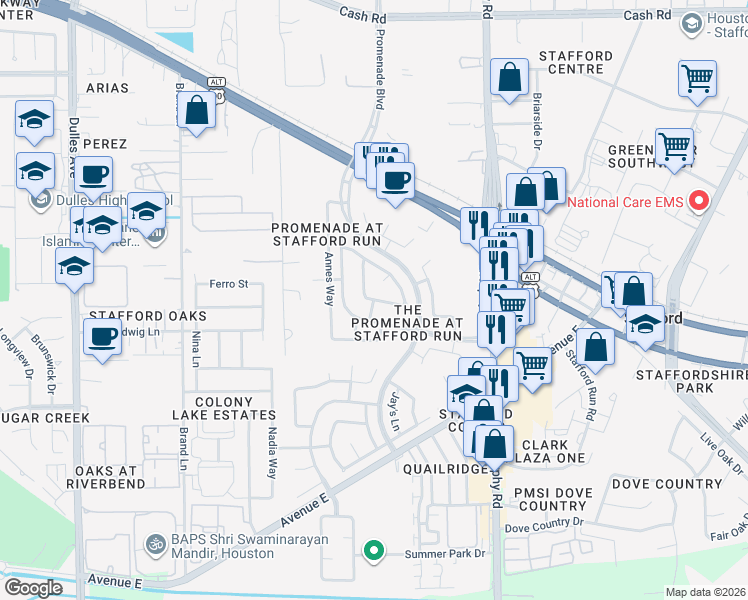 map of restaurants, bars, coffee shops, grocery stores, and more near 308 South Esplanade Lane in Stafford