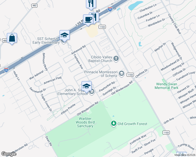 map of restaurants, bars, coffee shops, grocery stores, and more near 2932 Mistywood Lane in Schertz