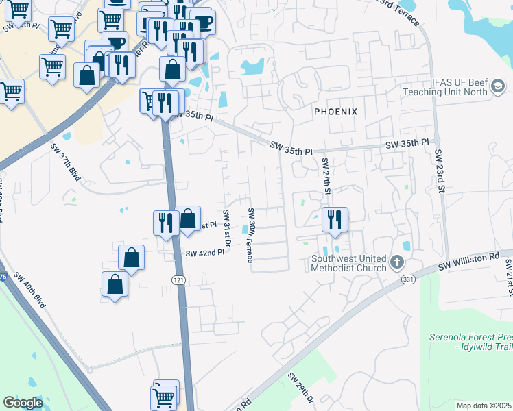 map of restaurants, bars, coffee shops, grocery stores, and more near 3701 Southwest 30th Terrace in Gainesville