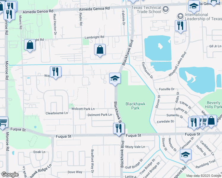 map of restaurants, bars, coffee shops, grocery stores, and more near 9110 Blackhawk Boulevard in Houston