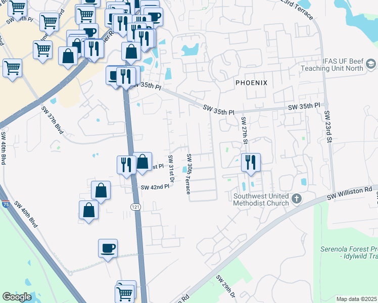 map of restaurants, bars, coffee shops, grocery stores, and more near 34 Southwest 30th Terrace in Gainesville