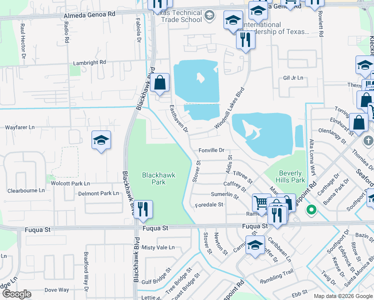 map of restaurants, bars, coffee shops, grocery stores, and more near 10338 Stover Street in Houston