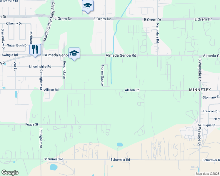 map of restaurants, bars, coffee shops, grocery stores, and more near 13227 Withee Path Lane in Houston