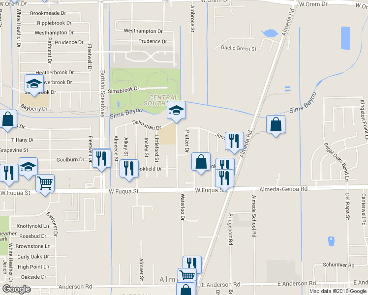 map of restaurants, bars, coffee shops, grocery stores, and more near 14427 Waterloo Drive in Houston