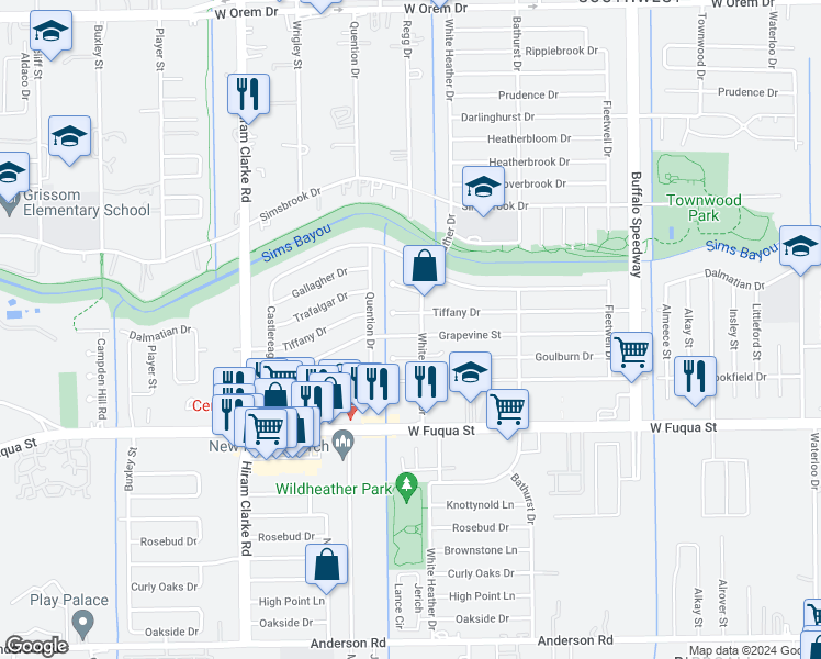 map of restaurants, bars, coffee shops, grocery stores, and more near 14427 White Heather Drive in Houston