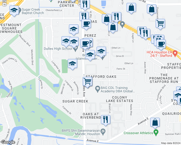 map of restaurants, bars, coffee shops, grocery stores, and more near 735 Dulles Avenue in Stafford