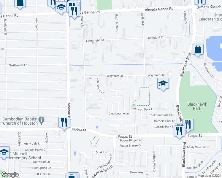 map of restaurants, bars, coffee shops, grocery stores, and more near 8803 Danbury Hollow Lane in Houston