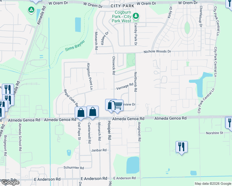 map of restaurants, bars, coffee shops, grocery stores, and more near 1201 Vernage Road in Houston