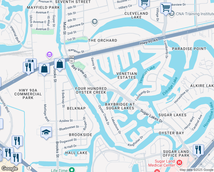 map of restaurants, bars, coffee shops, grocery stores, and more near 8231 Scenic Shore Court in Sugar Land