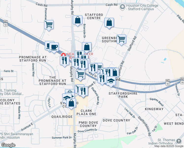 map of restaurants, bars, coffee shops, grocery stores, and more near Katy Street in Stafford