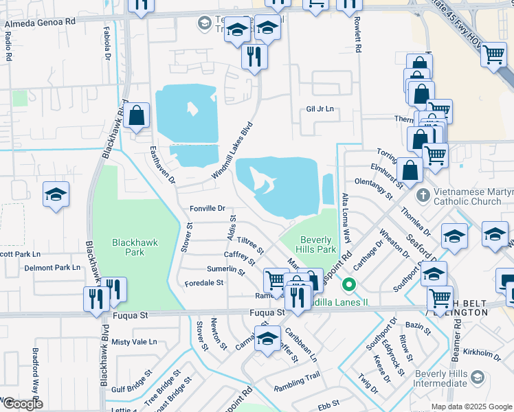 map of restaurants, bars, coffee shops, grocery stores, and more near 10181 Windmill Lakes Boulevard in Houston