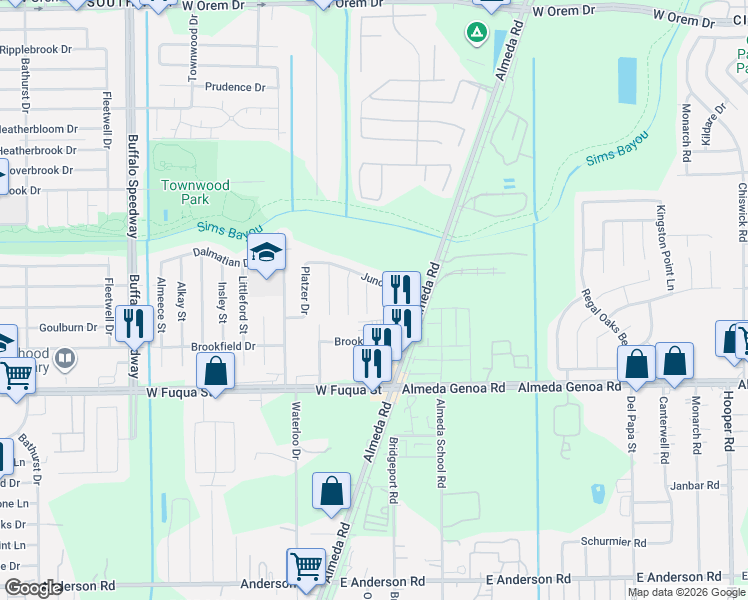 map of restaurants, bars, coffee shops, grocery stores, and more near 14410 Junction Place in Houston
