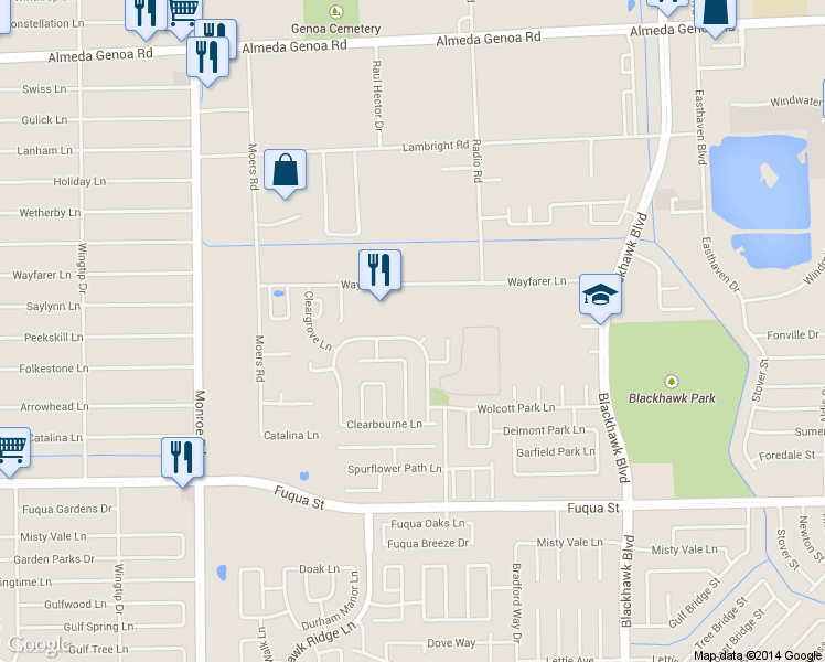 map of restaurants, bars, coffee shops, grocery stores, and more near 8820 Wayfarer Lane in Houston