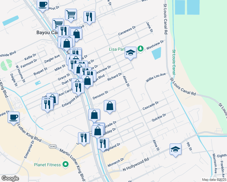 map of restaurants, bars, coffee shops, grocery stores, and more near Harvey Avenue in Houma