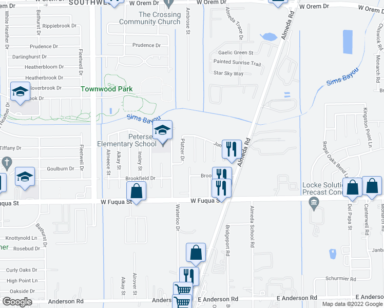 map of restaurants, bars, coffee shops, grocery stores, and more near 14442 Acuna Lane in Houston