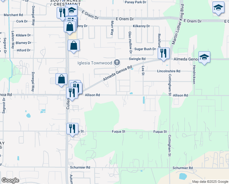 map of restaurants, bars, coffee shops, grocery stores, and more near 13238 Pembroke Street in Houston