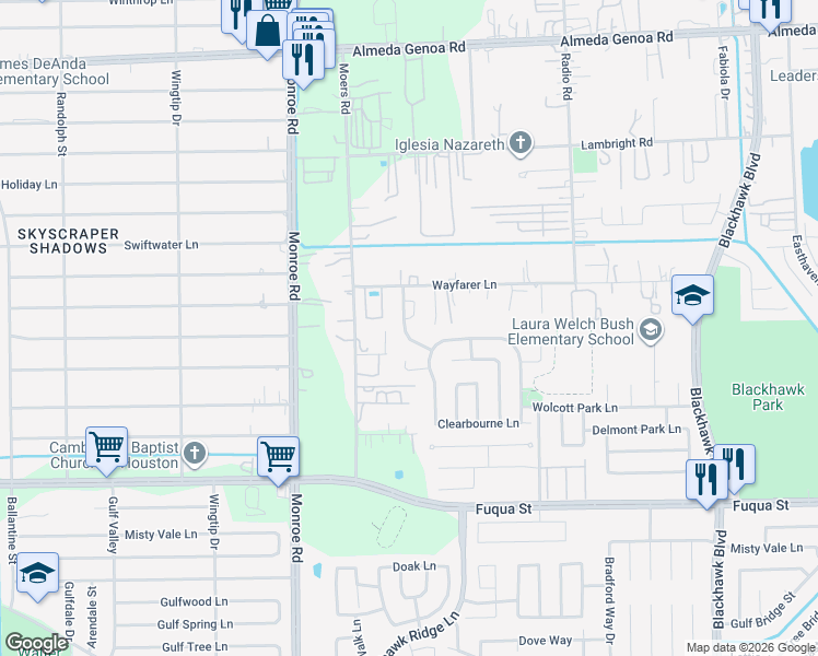 map of restaurants, bars, coffee shops, grocery stores, and more near 10119 Mellenbrook Lane in Houston