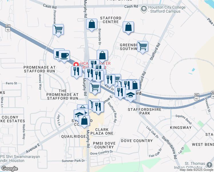 map of restaurants, bars, coffee shops, grocery stores, and more near Katy Street in Stafford