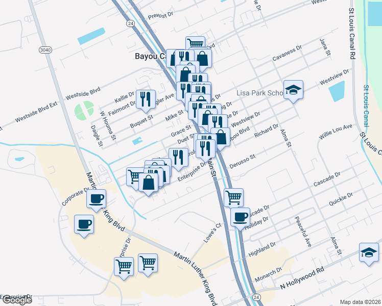 map of restaurants, bars, coffee shops, grocery stores, and more near 1950 Deborah Street in Houma