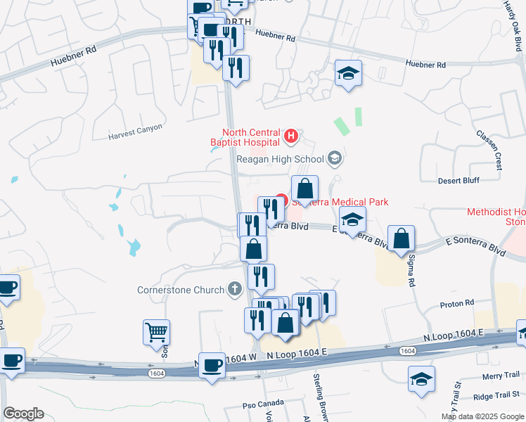 map of restaurants, bars, coffee shops, grocery stores, and more near 155 East Sonterra Boulevard in San Antonio